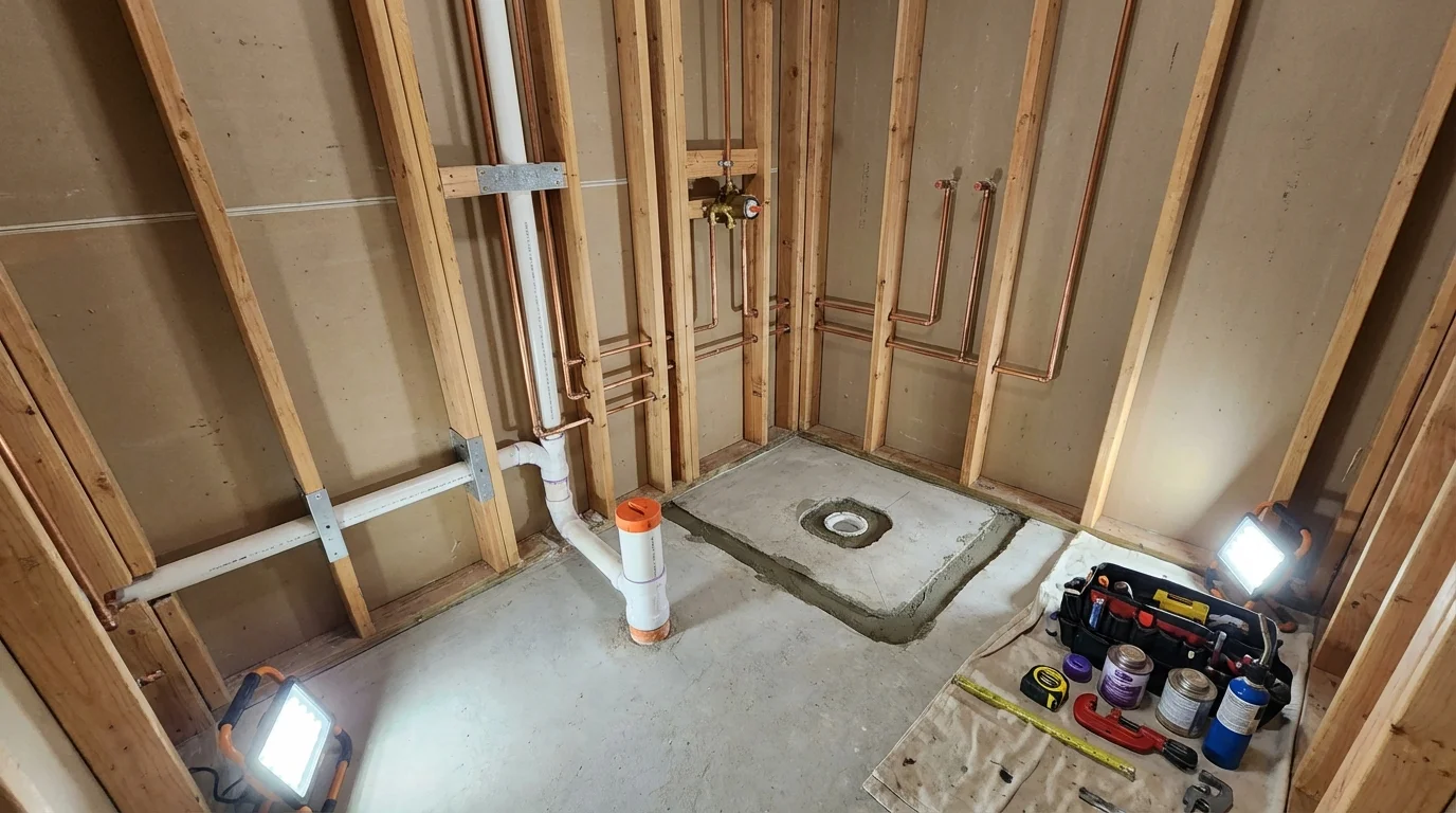 Bathroom rough-in plumbing during remodel by Johns Plumbing LLC in Wrentham