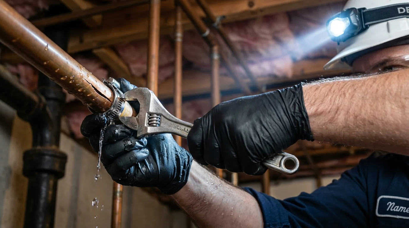 Emergency pipe clamp repair being performed by a Johns Plumbing LLC plumber in Wrentham