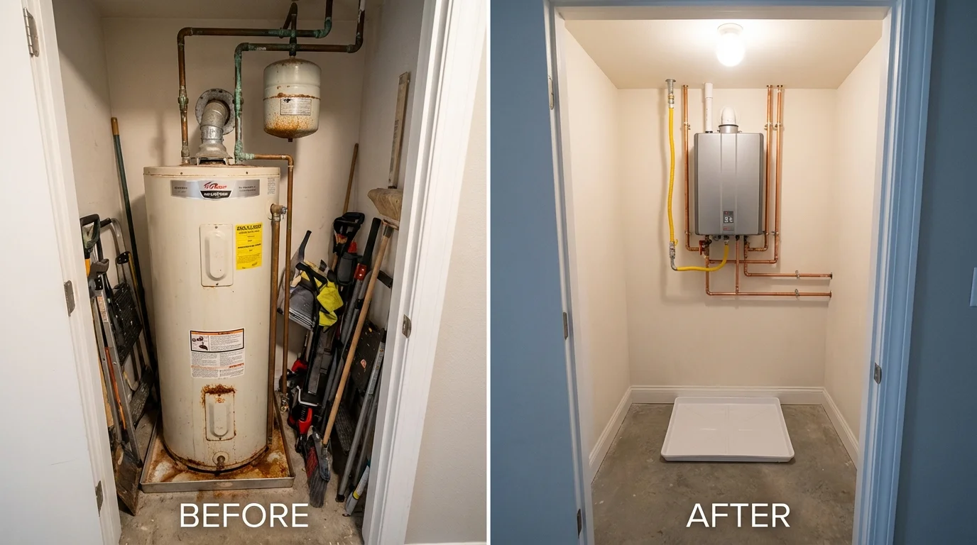 Tank water heater versus wall-mounted tankless unit comparison for Wrentham, MA homeowners