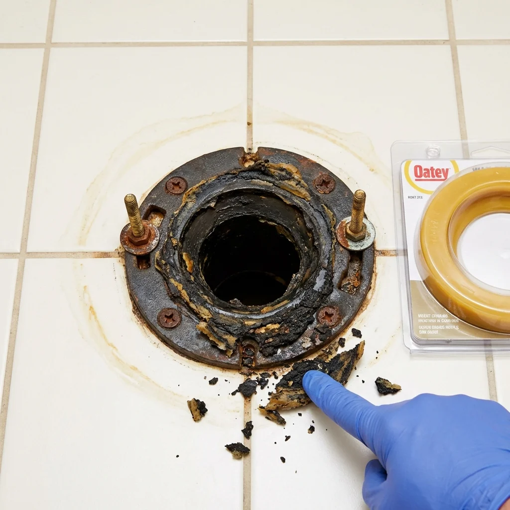 Failed wax ring showing water seepage at the base of a toilet in a Wrentham, MA home