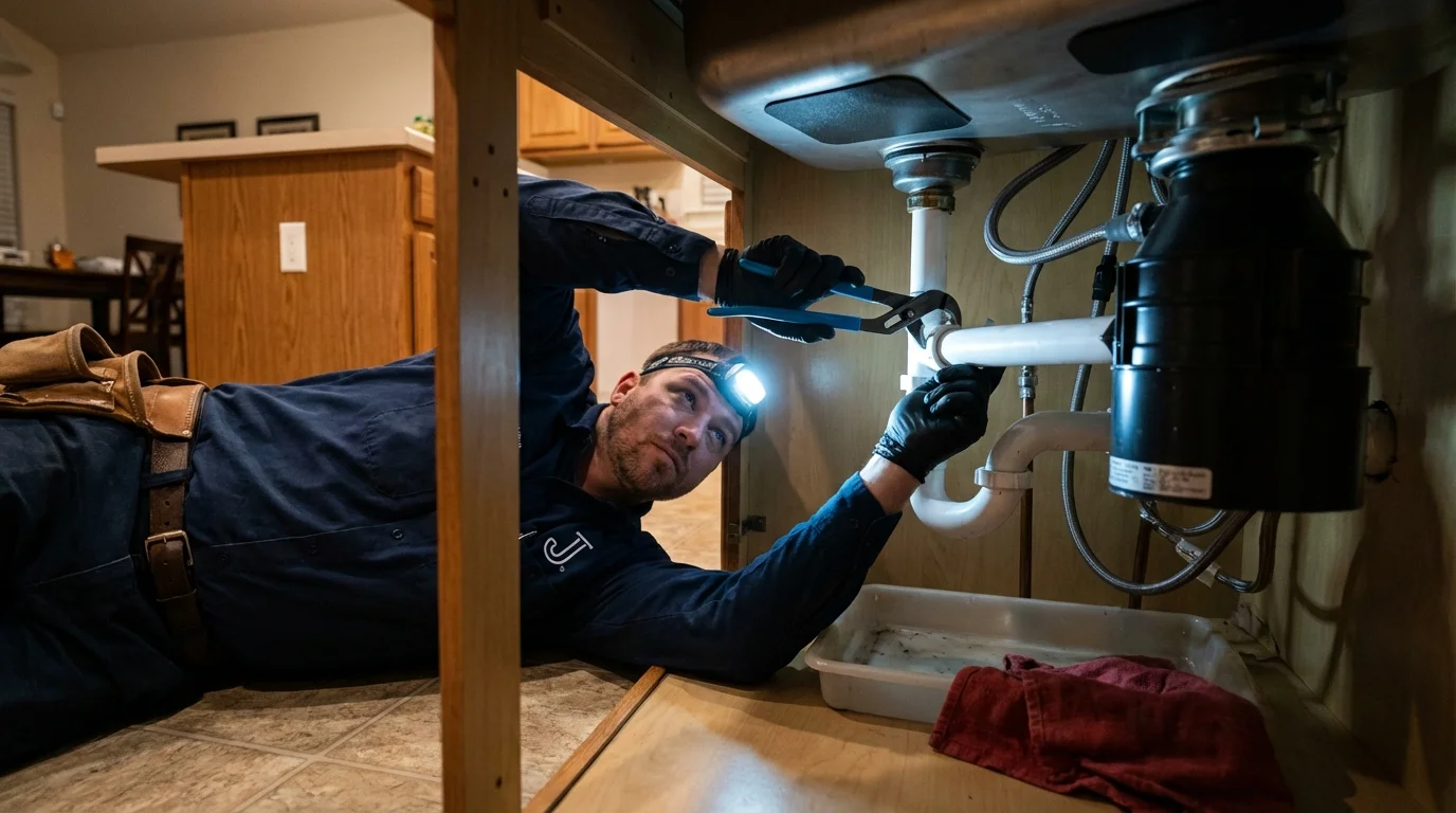 P-trap and supply line connections under a kitchen sink showing a common leak point in Wrentham, MA